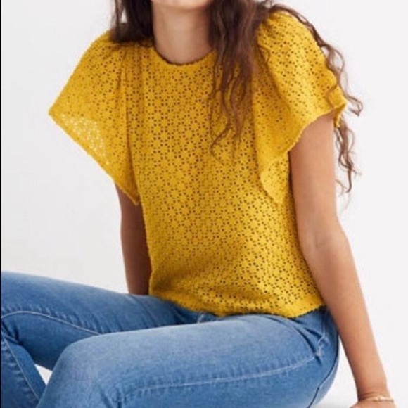MADEWELL Mustard Texture and Thread Butterly Sleeve Top - Picture 1 of 7